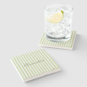Green White Stripes Name Stone Coaster
