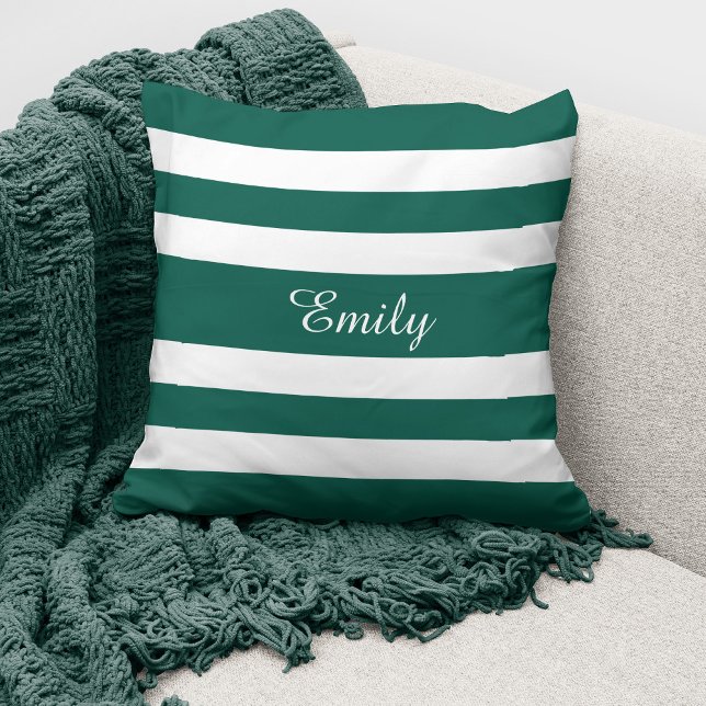 Green & White Stripes Pattern Name Monogram  Cushion (Creator Uploaded)