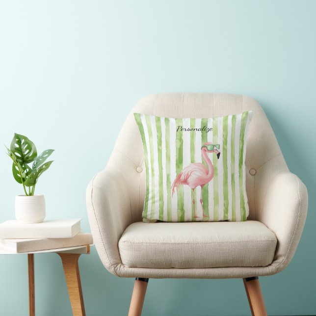 Green White Stripes Pink Flamingo Beach Birthday Cushion (Chair)