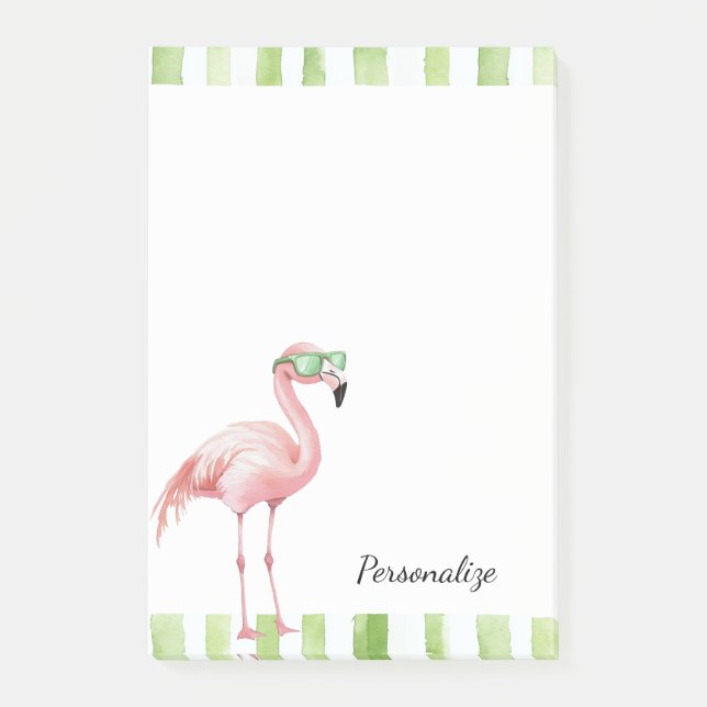 Green White Stripes Pink Flamingo Beach Birthday Post-it Notes (Front)