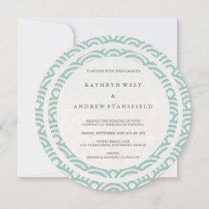 Green + White Stylised Waves Elegant Beach Wedding Invitation