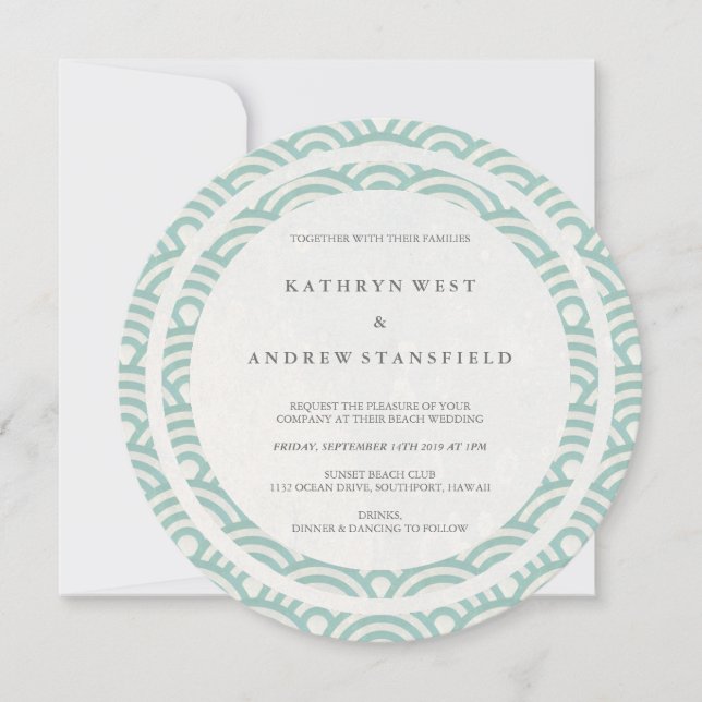Green + White Stylised Waves Elegant Beach Wedding Invitation (Front)