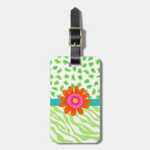 Green, White & Teal Zebra & Cheetah Orange Flower Luggage Tag