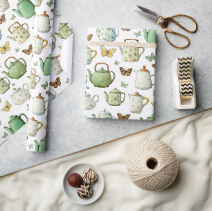 Green White Teapots Butterflies Bridal Shower Wrapping Paper