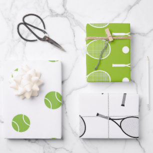 Green & White Tennis Theme Rackets Balls Pattern Wrapping Paper Sheet
