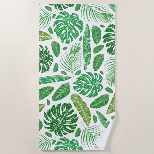 Green & White Tropical Leafs Pattern Beach Towel (Front)