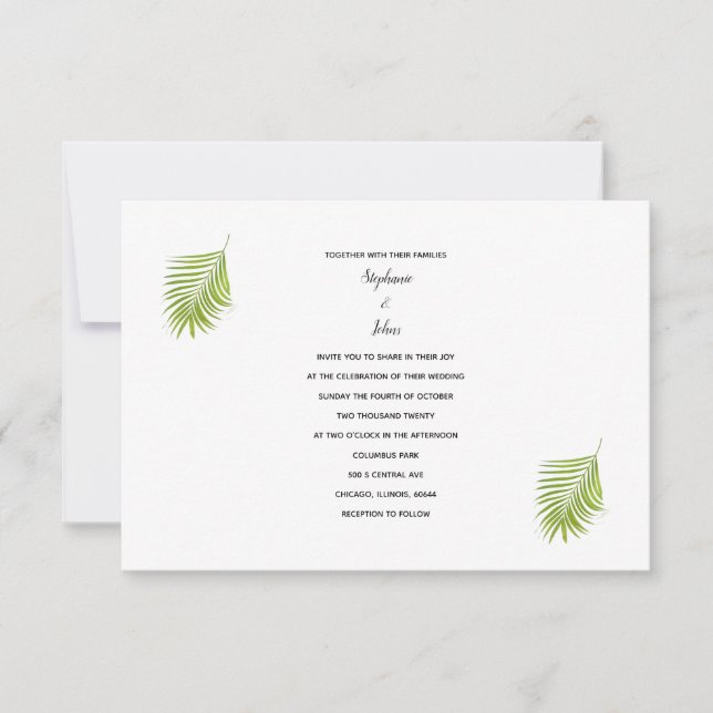 Green White Tropical Palm Leaf Trendy Cool Wedding Invitation (Front)