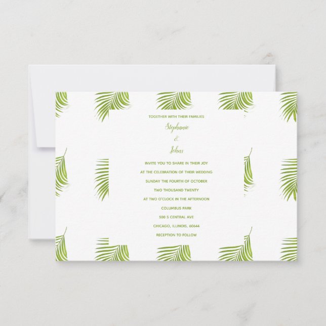 Green White Tropical Palm Leaves Patterns Wedding Invitation (Front)