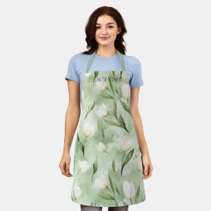 Green White Tulip Flowers Apron