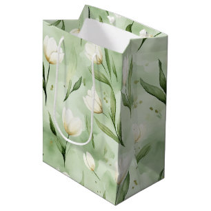 Green White Tulip Flowers Bridal Shower Medium Gift Bag
