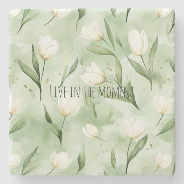 Green White Tulip Flowers Stone Coaster (Front)