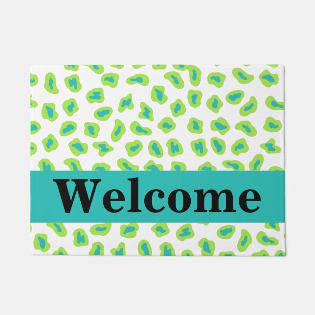 Green White Turquoise Leopard Skin Pattern Welcome Doormat (Front)