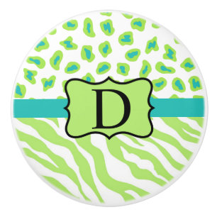 Green White Turquoise Leopard Zebra Skin Monogram Ceramic Knob