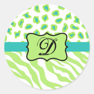 Green White Turquoise Leopard Zebra Skin Monogram Classic Round Sticker