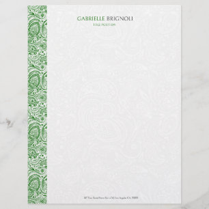 Green & White Vintage Paisley Pattern Custom Letterhead