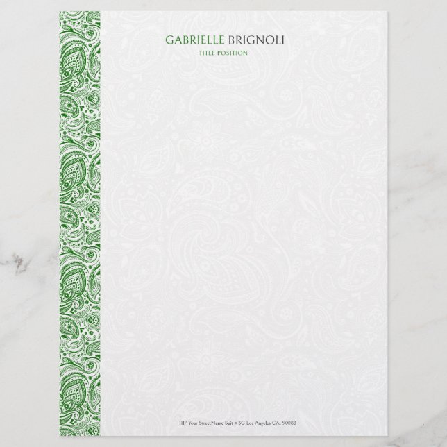 Green & White Vintage Paisley Pattern Custom Letterhead (Front)