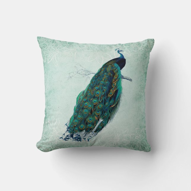 Green & White Vintage Style Peacock Cushion (Front)