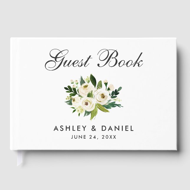 Green White Watercolor Floral Wedding Guest Book (Front)