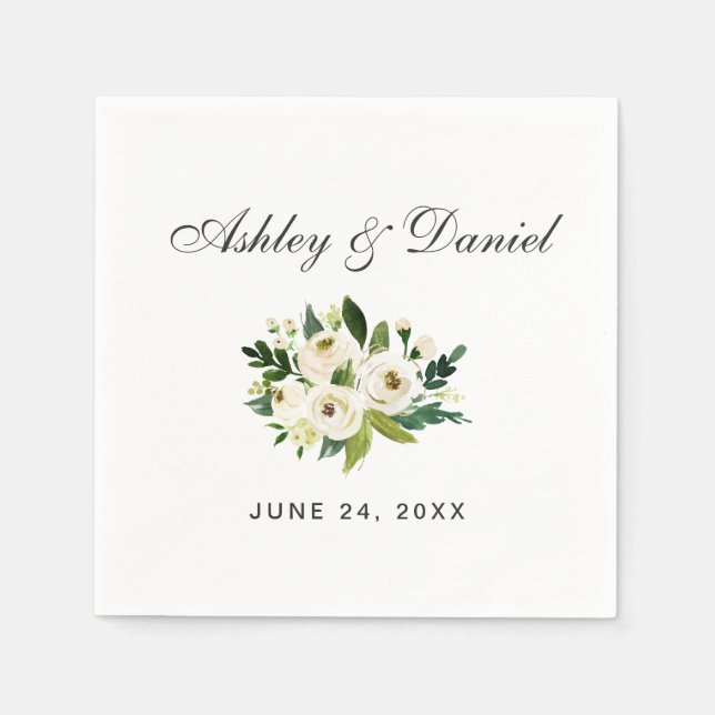 Green White Watercolor Floral Wedding Napkin (Front)