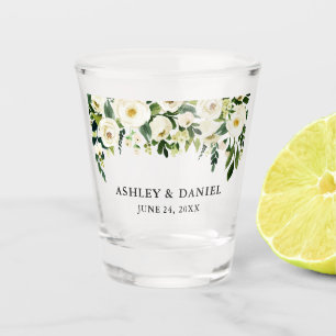 Green White Watercolor Floral Wedding Shot Glass