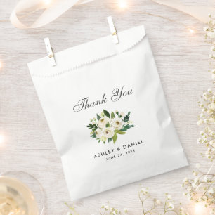 Green White Watercolor Floral Wedding Thank You Favour Bags