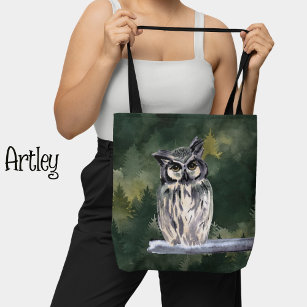 Green White Watercolor Forest Snowy Owl Tote Bag