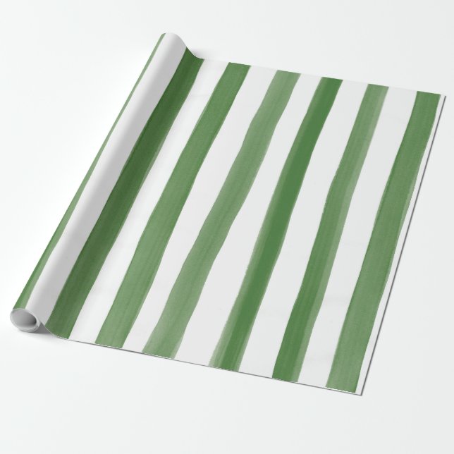 Green & White Watercolor Stripes Pattern Wrapping Paper (Unrolled)