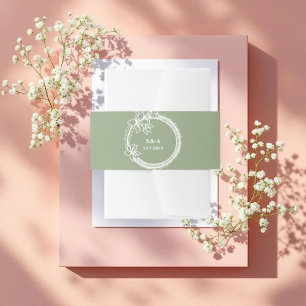 Green White Wedding Monogram Wreath Invitation Belly Band