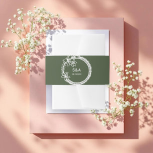 Green White Wreath Monogram Invitation Belly Band