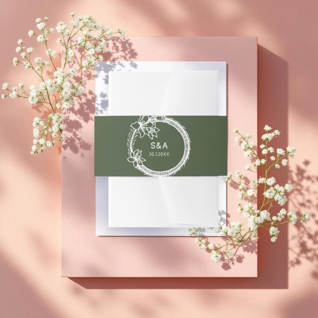Green White Wreath Monogram  Invitation Belly Band (Creator Uploaded)