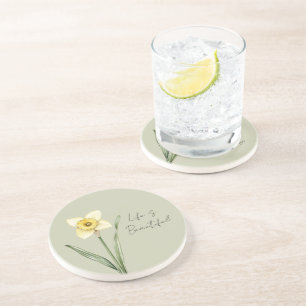 Green White Yellow Daffodil Flower Coaster