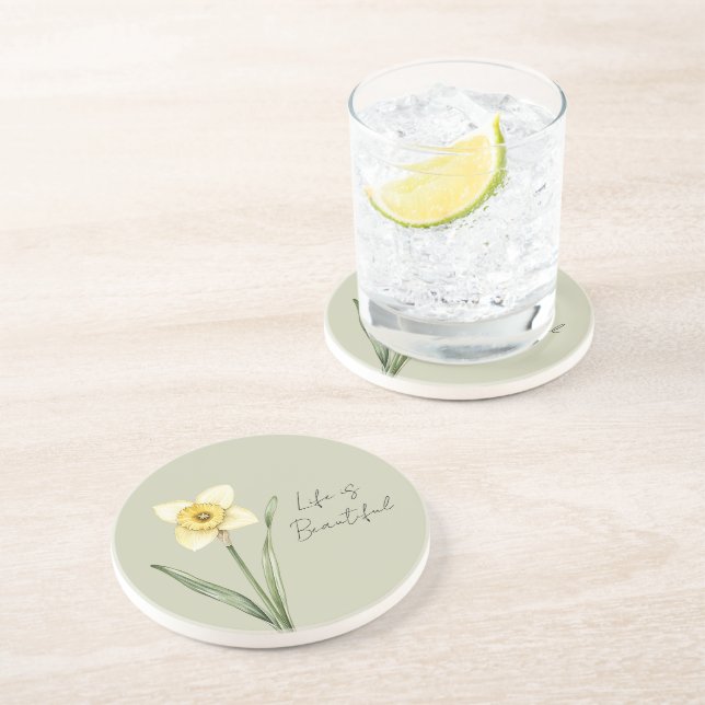 Green White Yellow Daffodil Flower Coaster (Side)
