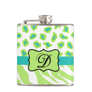 Green White Zebra Leopard Skin Monogram Initial Hip Flask