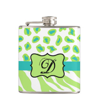 Green White Zebra Leopard Skin Monogram Initial Hip Flask