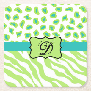 Green White Zebra Leopard Skin Monogram Initial Square Paper Coaster