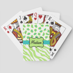 Green White Zebra Leopard Skin Name Personalised Playing Cards