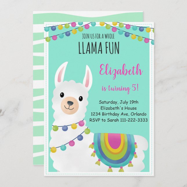Green Whole Llama Fun Birthday Invitation (Front/Back)