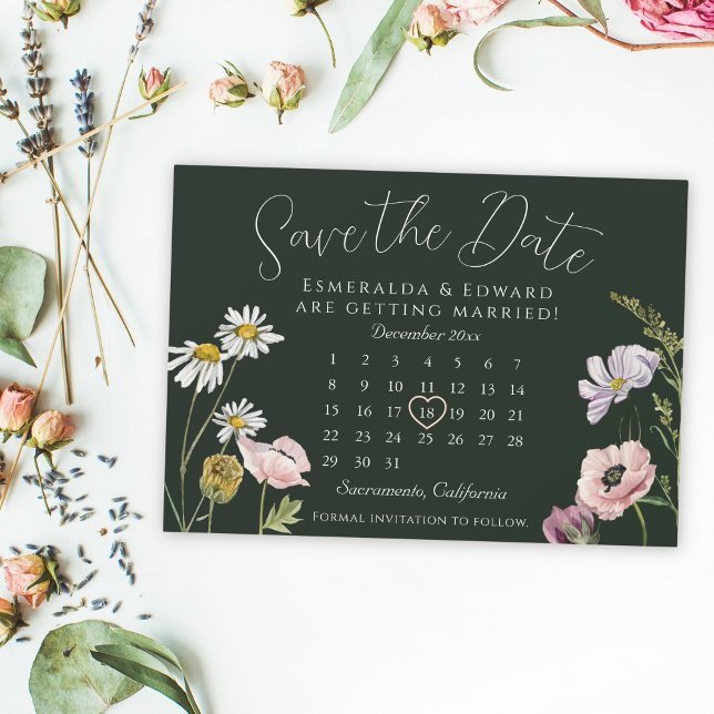 Green Wild Flower Wedding Calendar Save The Date (Creator Uploaded)