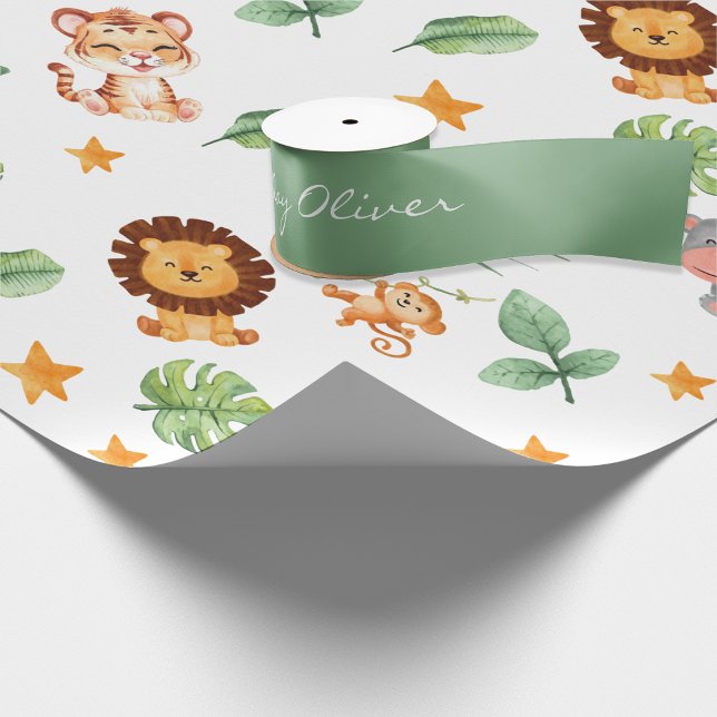 Green Wild Jungle Animals Tropical Boy Birthday Satin Ribbon (Creator Uploaded)