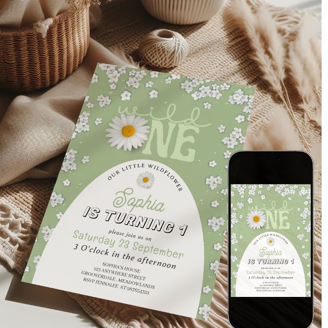 Green Wild One Daisy 1st Birthday Invitation (Creator Uploaded)