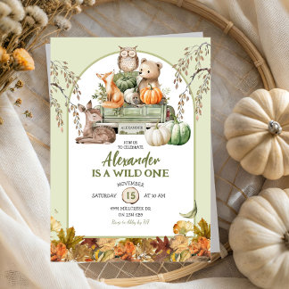 Green Wild One Woodland Pumpkin Truck 1st Birthday Invitation