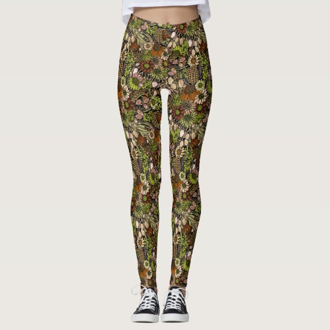 Green Wildflower Garden Pattern Leggings (Front)