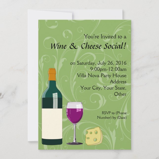 Green Wine & Cheese Social Party Flat Invitations (Front)