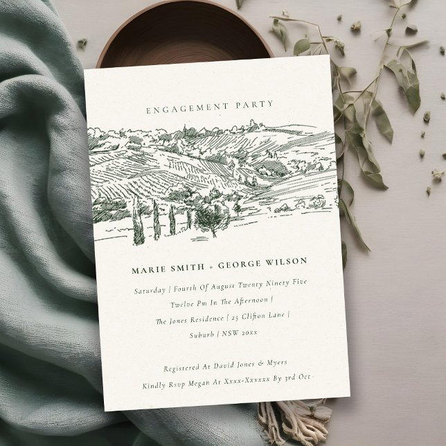 Green Winery Mountain Sketch Engagement Invite (Creator Uploaded)