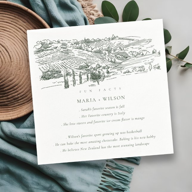 Green Winery Mountain Sketch Wedding Fun Facts Napkin (Creator Uploaded)