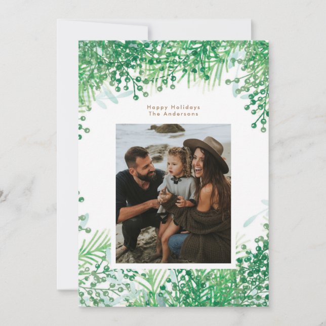 Green Winter Berries Christmas Holiday Photo Card (Front)