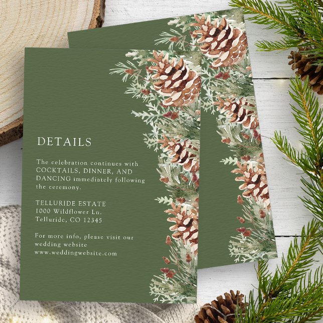 Green Winter Details Card (Green Winter Watercolor Evergreen Pinecones Details Enclosure Card by Painted Paperie
)