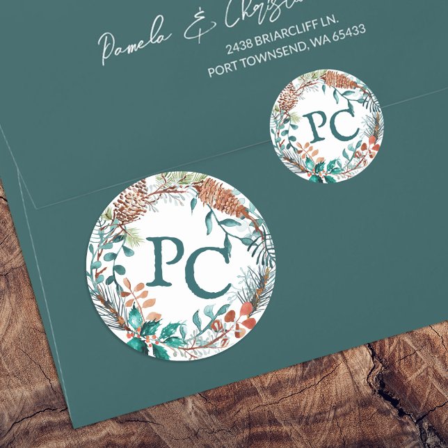 Green Winter Eucalyptus Pinecone Wreath Initials Classic Round Sticker (winter wedding favor sticker envelope seal terracotta brown green monogram couples initials )