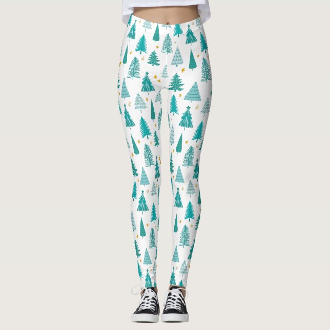 Green Winter Forest Christmas Tree Pattern Leggings (Front)