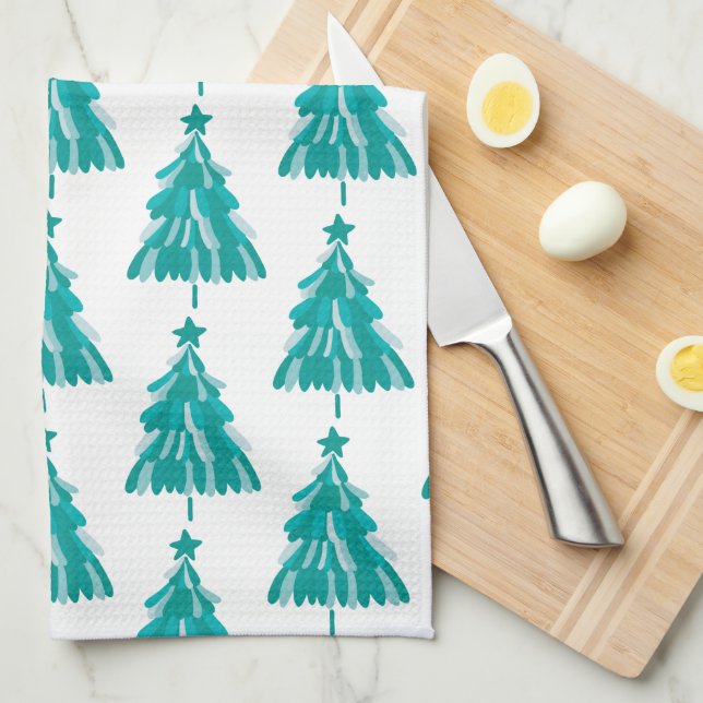 Green Winter Forest Christmas Tree Tea Towel (Quarter Fold)